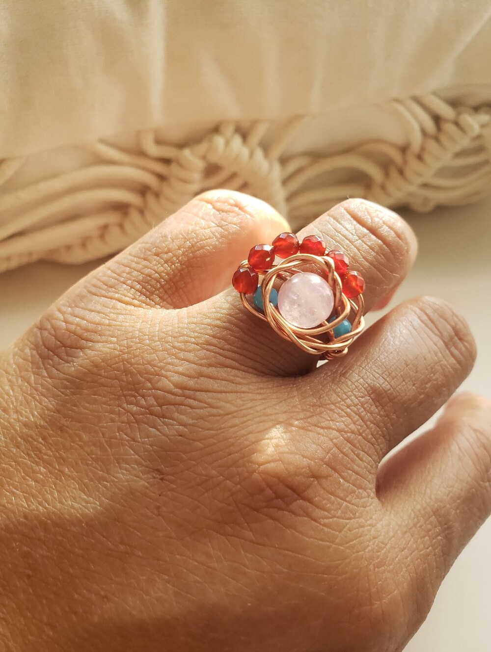 Handcrafted Rose Quartz Garnet Bead Pure Copper Wire-Wrap Ring